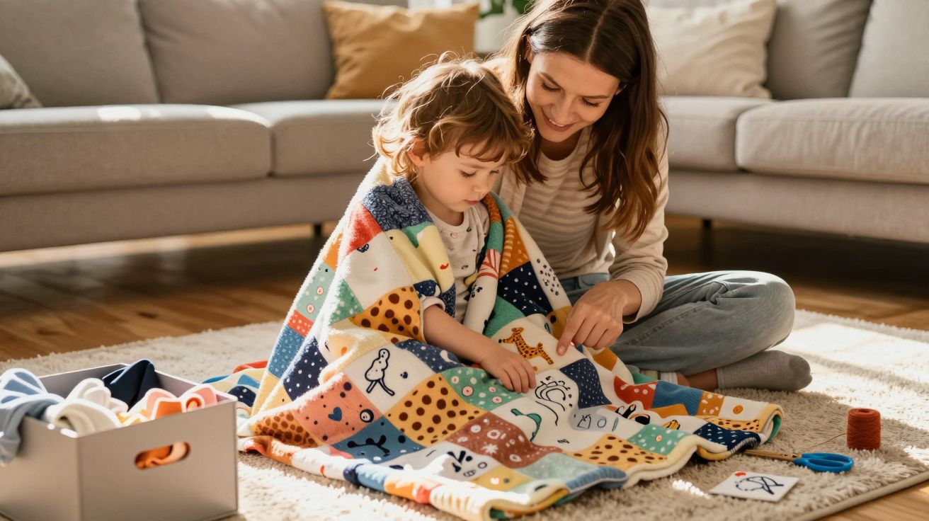 Mother and child sitting on the floor playing a card game wrapped in a colourful animal-print blanket.