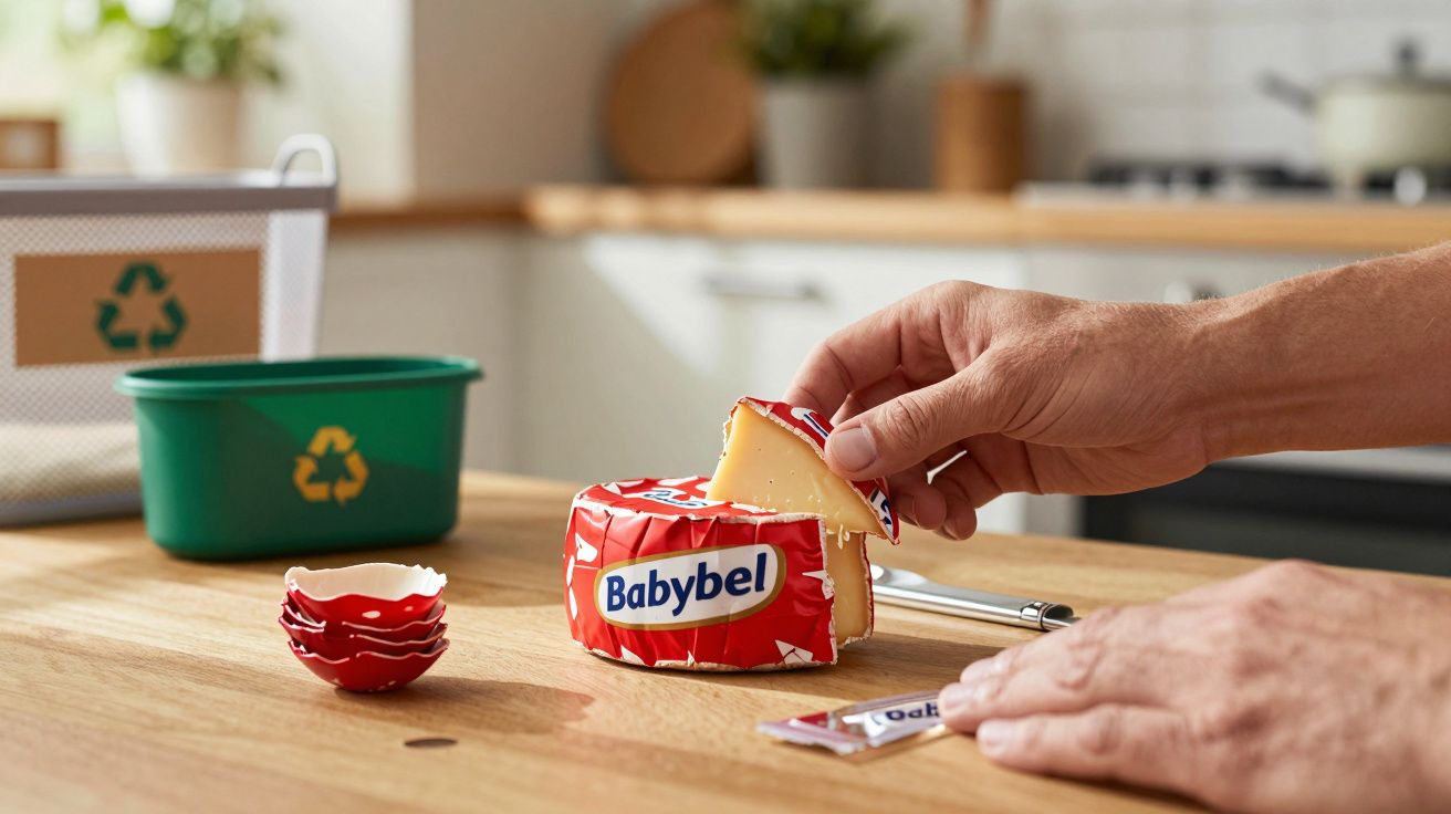 Hands peeling wax off a Babybel cheese on a wooden kitchen counter with recycling bins in the background.