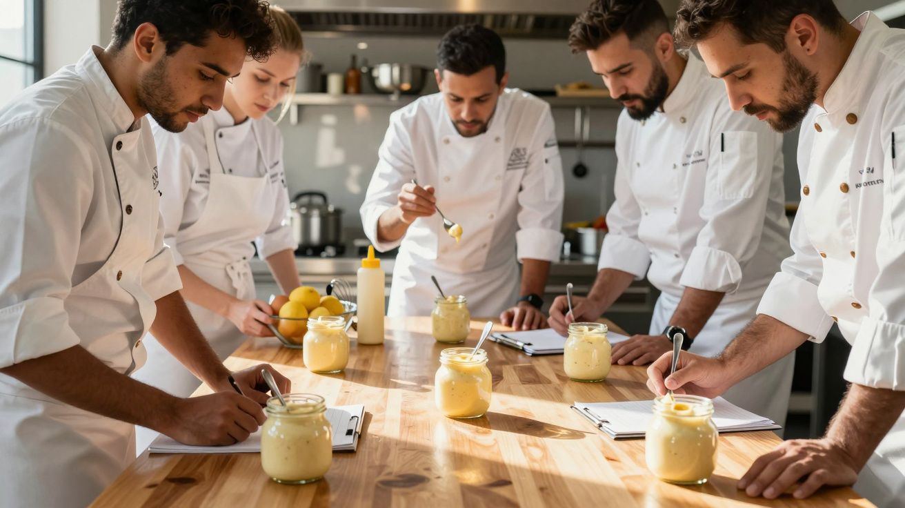 Five chefs in white uniforms tasting and taking notes on jars of creamy sauce in a professional kitchen.