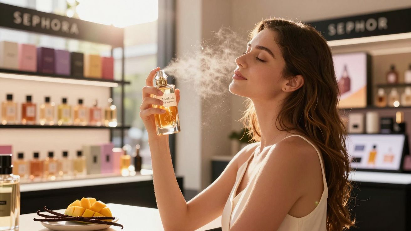 Woman with eyes closed spraying perfume in a bright Sephora store with sliced mango on table nearby