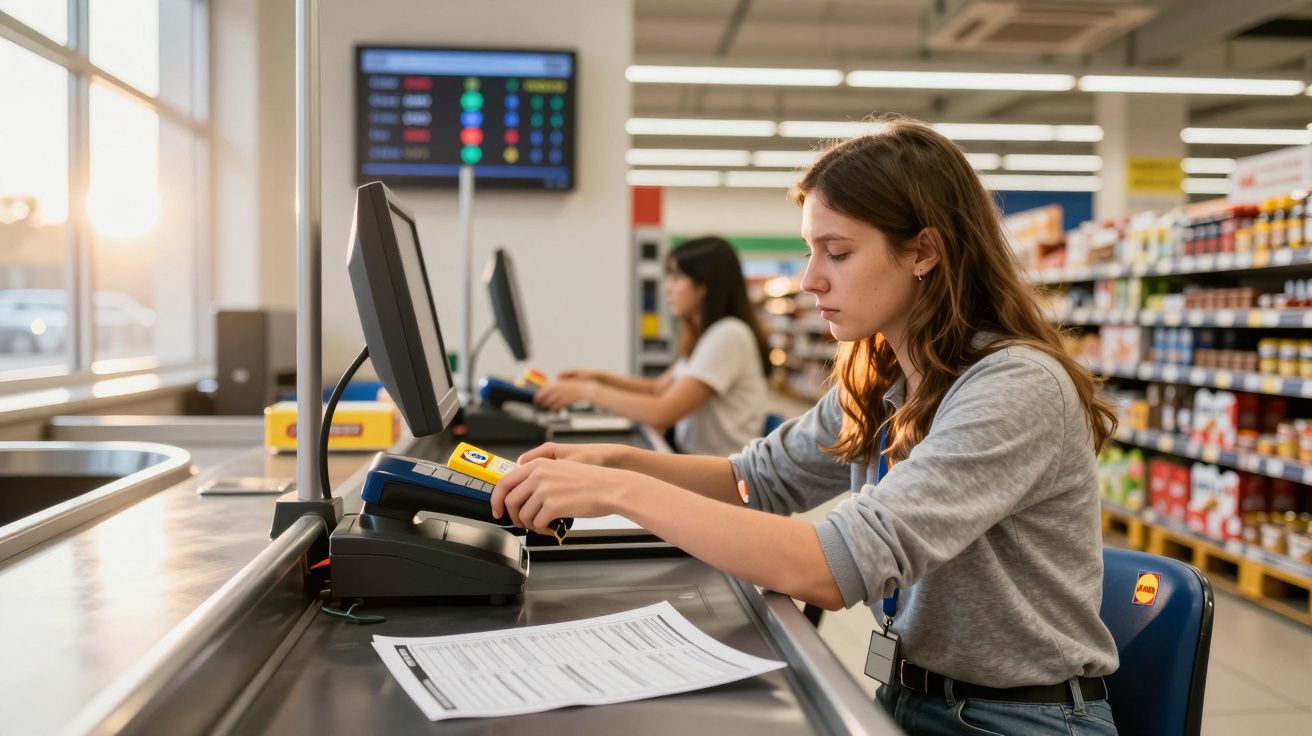 Young female cashier using a payment terminal at a supermarket checkout with shelves in the background.