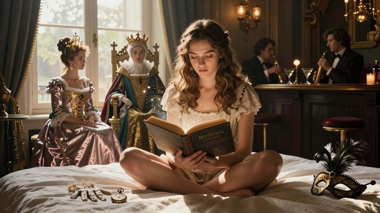 Young woman reading a book on a bed with medieval queens and men in tuxedos in a dimly lit room.