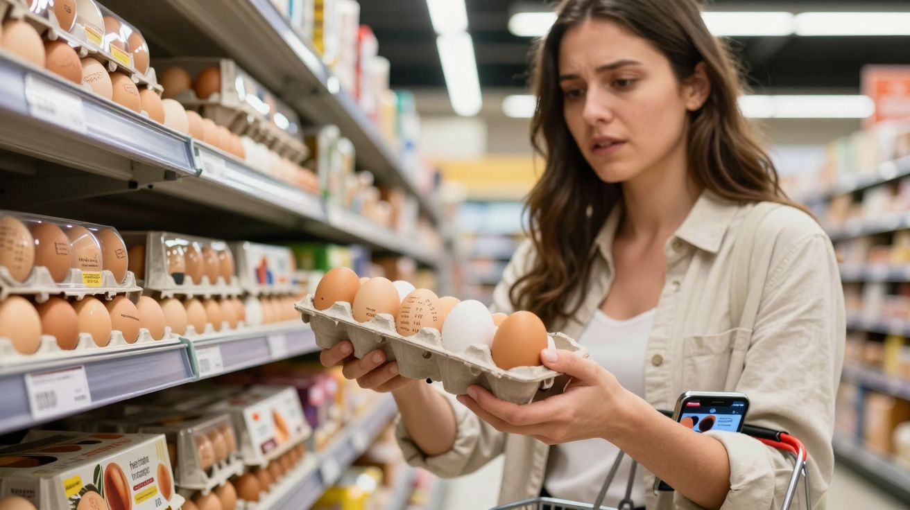 Woman examining a carton of mixed brown and white eggs in a supermarket aisle with shopping trolley.