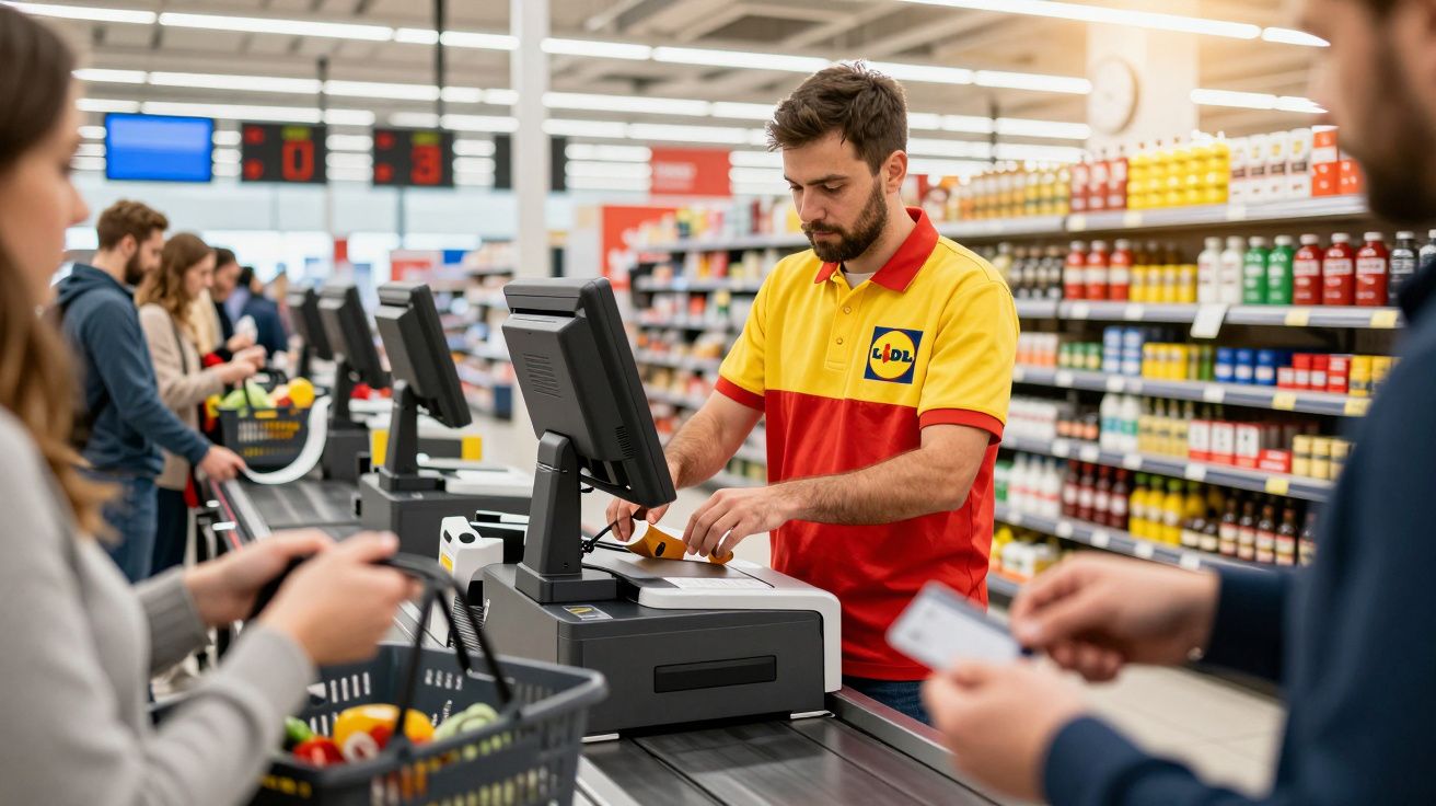 Supermarket cashier in a Lidl uniform scanning items at the checkout counter with customers waiting in line.