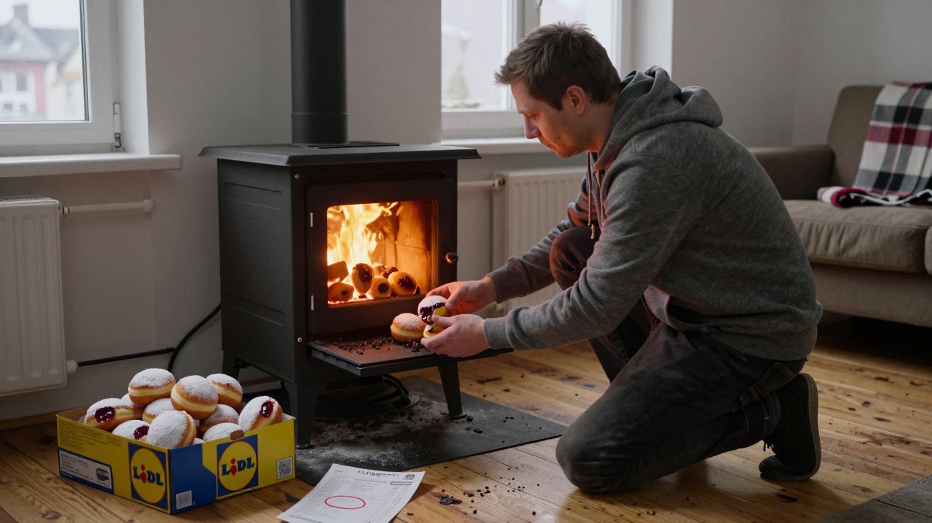 Man in hoodie warming doughnuts by a wood-burning stove in a cozy living room with wooden floor.