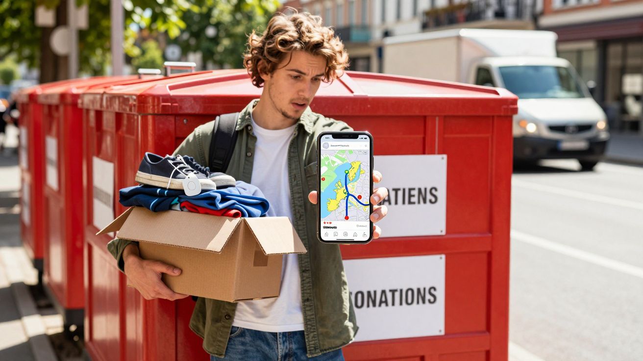 Young man holding box of clothes and showing phone with map app near red donation bins on a sunny street.