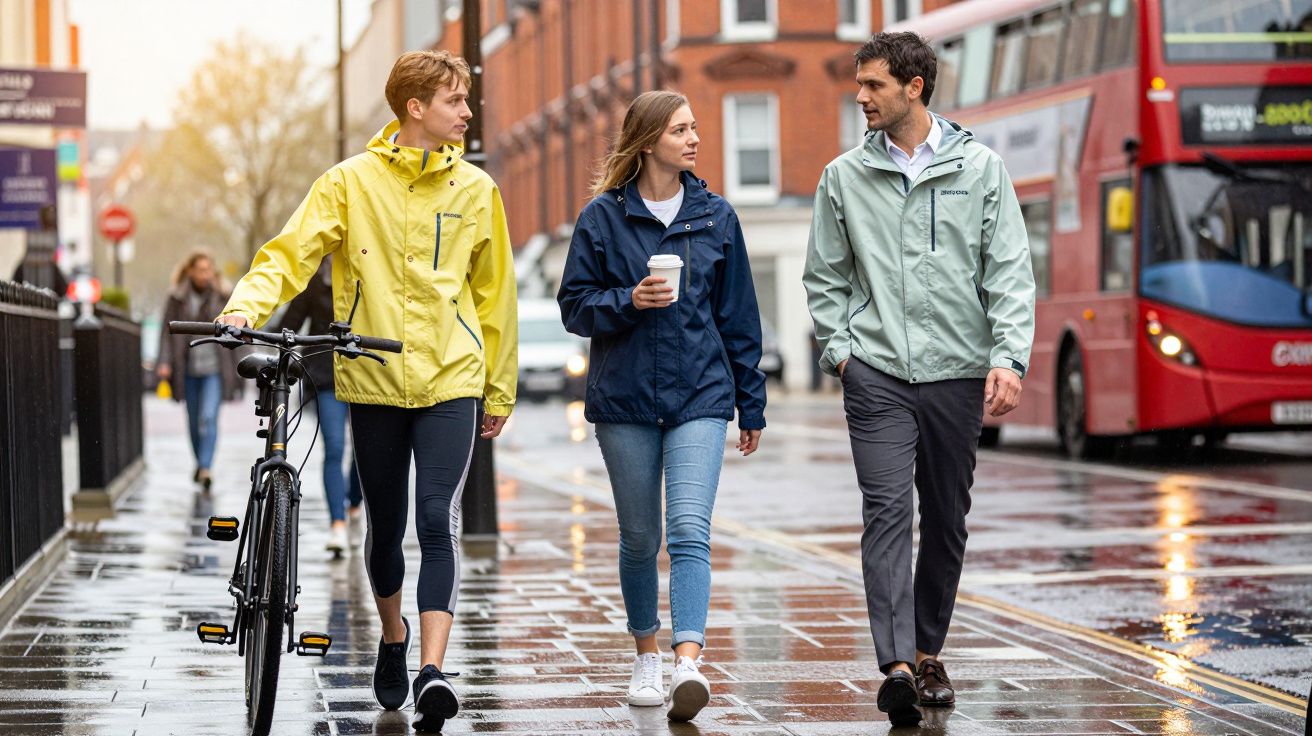 Three people in rain jackets walking on a wet city street, one pushing a bicycle, with a double-decker bus in background.