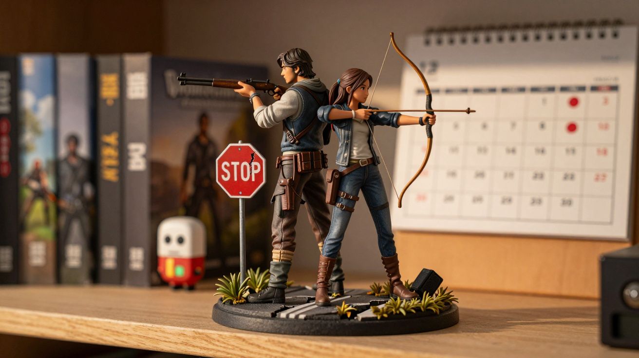 Two detailed action figures, one with a rifle and one with a bow, stand back-to-back on a shelf with a stop sign.