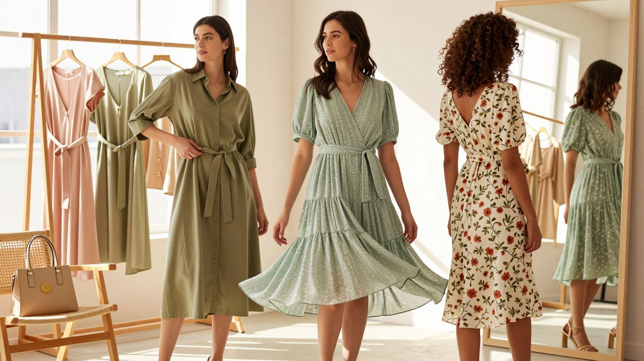 Three women modelling pastel and floral midi dresses in a sunlit room with dresses on hangers and a wicker chair.