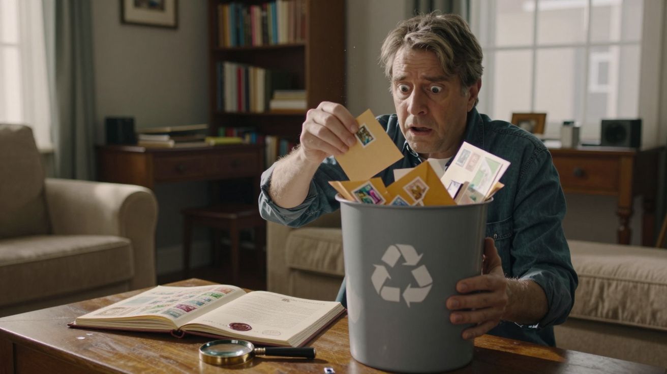 Man looking surprised while recycling envelopes with postage stamps in a living room.