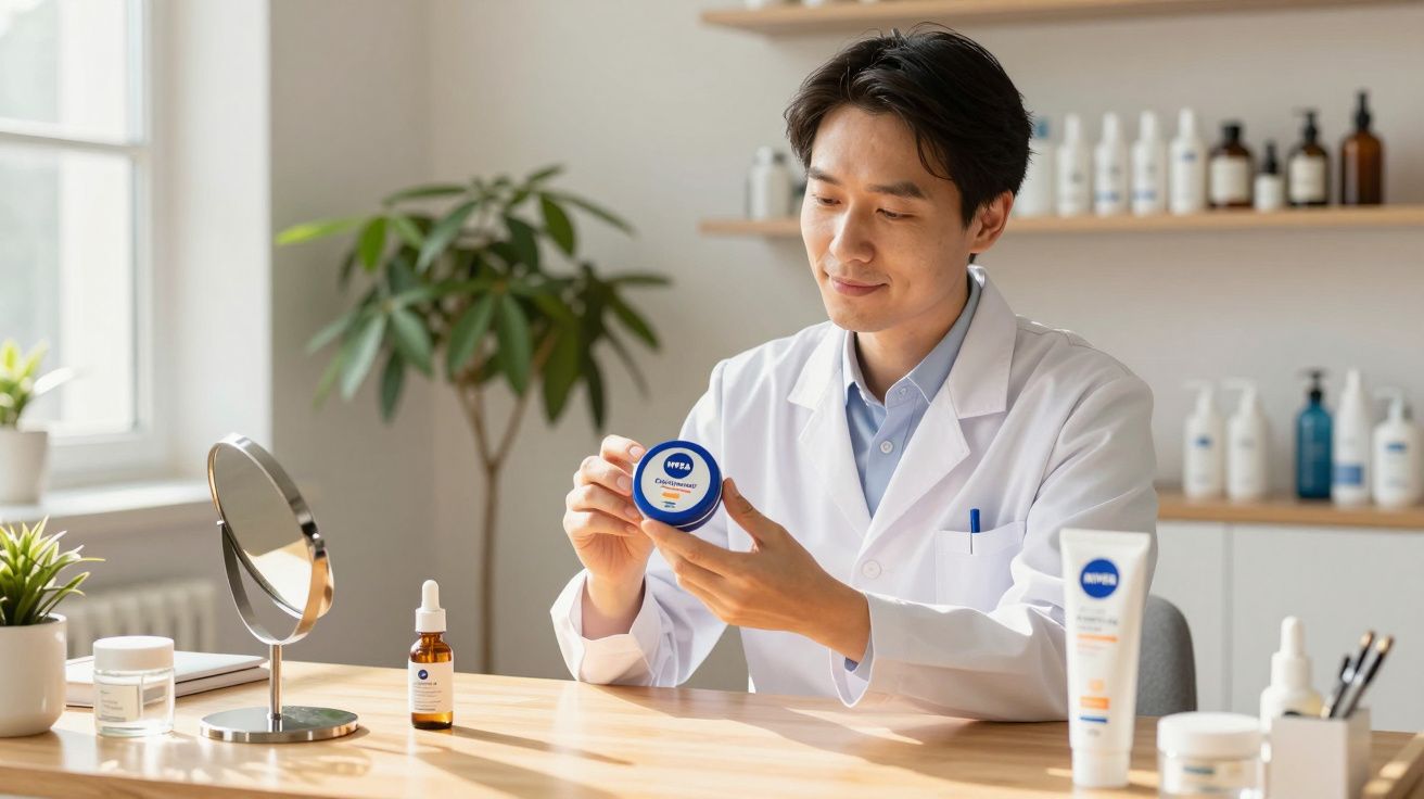 Man in white lab coat examining Nivea skincare product in a bright room with plants and shelves of bottles.
