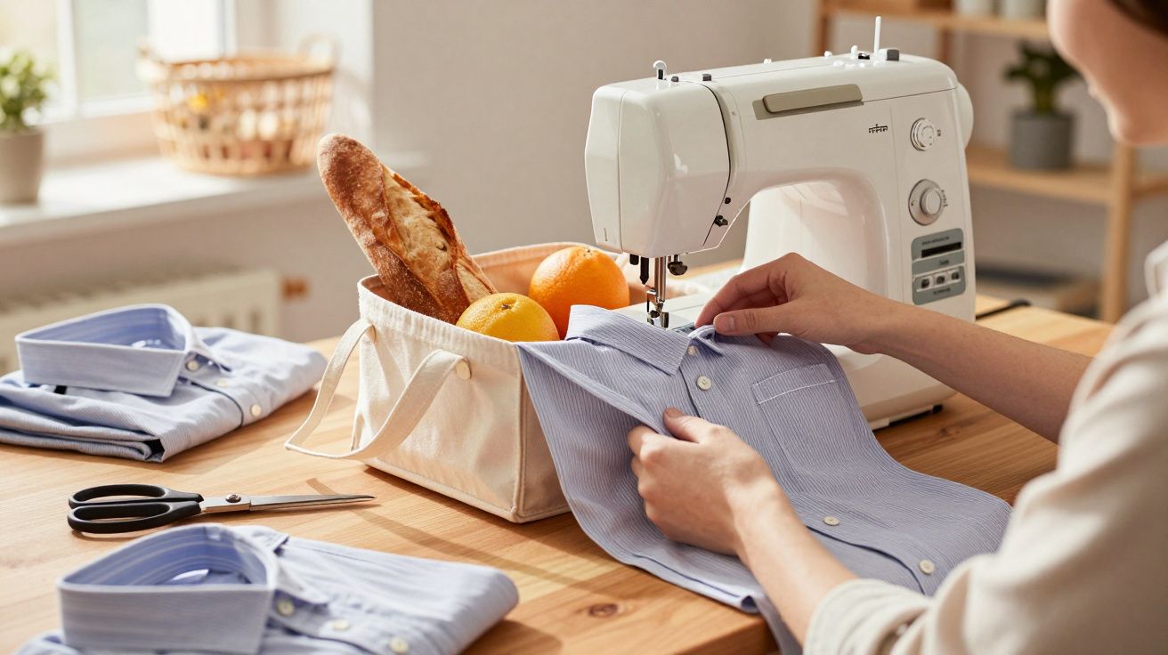 Person sewing a blue striped shirt by a sewing machine on a wooden table with fruit and bread basket nearby.