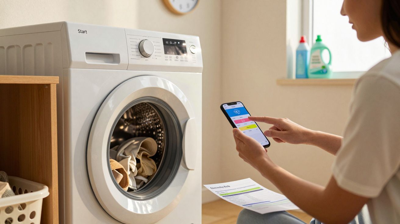Person using smartphone to start washing machine filled with clothes in laundry room with detergent bottles nearby