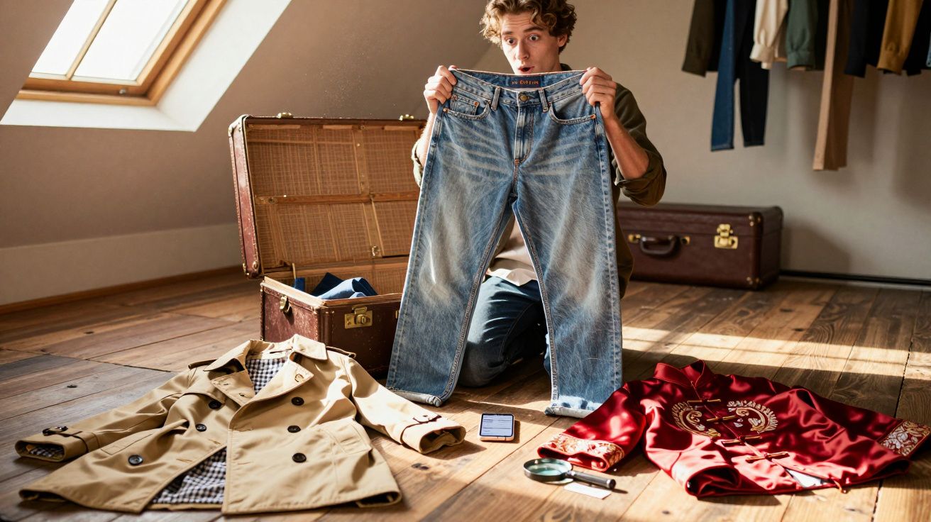Young man packing clothes including jeans, coats, and a phone into an open suitcase on wooden floor.