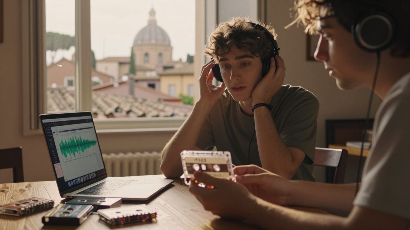 Two young men wearing headphones analysing audio recordings with a laptop and cassette tapes by a window.