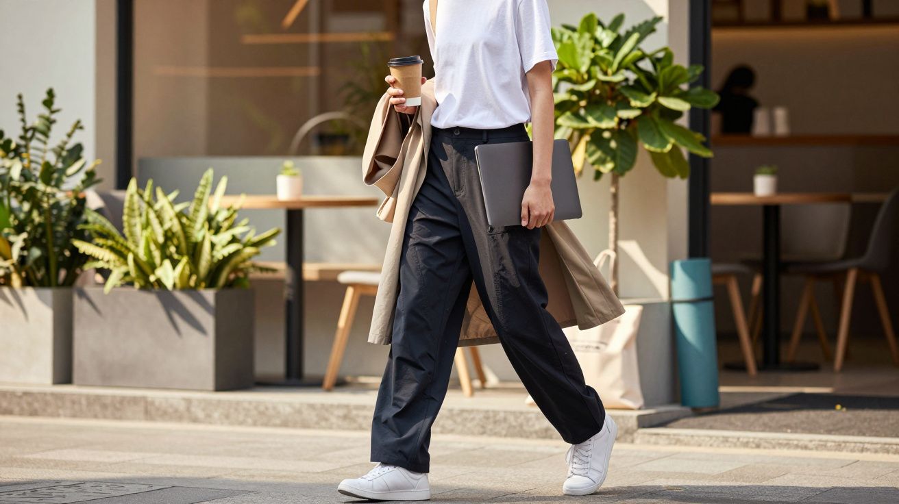 Person walking outside holding a laptop and coffee cup, wearing a white t-shirt, navy trousers, and white sneakers.