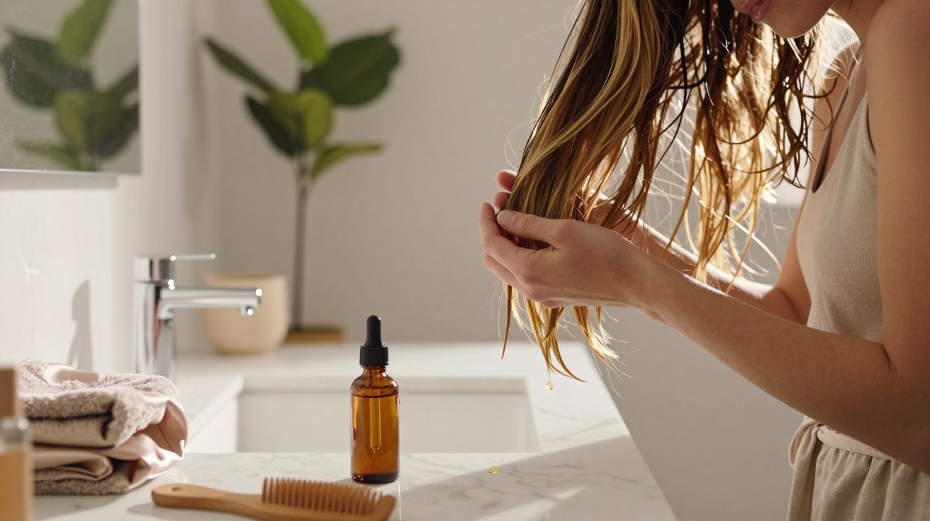 Woman applying hair oil to wet hair in a bright bathroom with a comb and towels on the counter