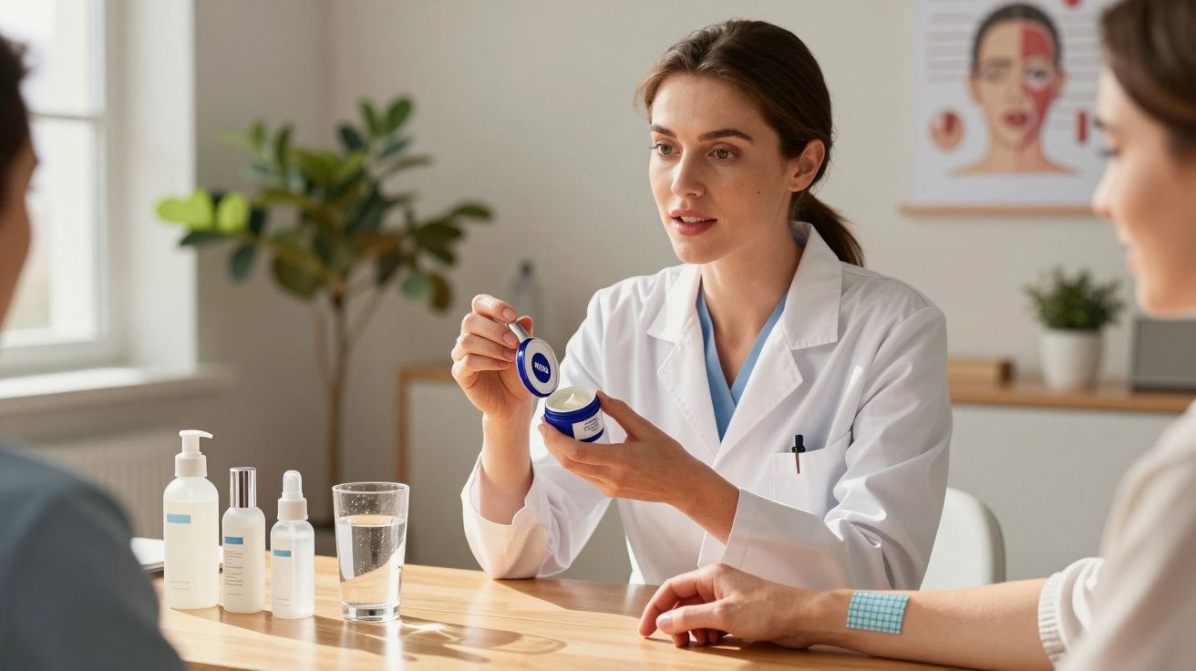Female dermatologist explaining skincare product to patients in a well-lit clinic consultation room.