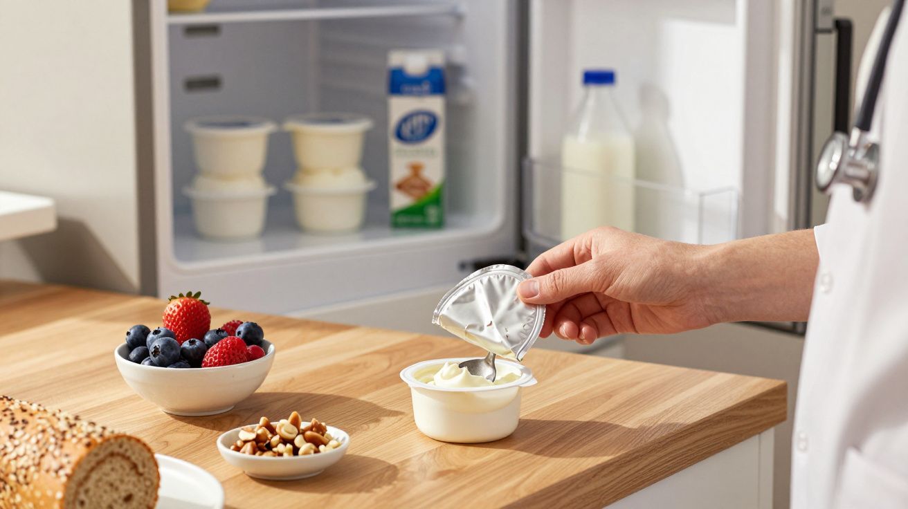 Hand opening a foil lid of a yogurt pot on a wooden countertop with bowls of berries and nuts nearby.