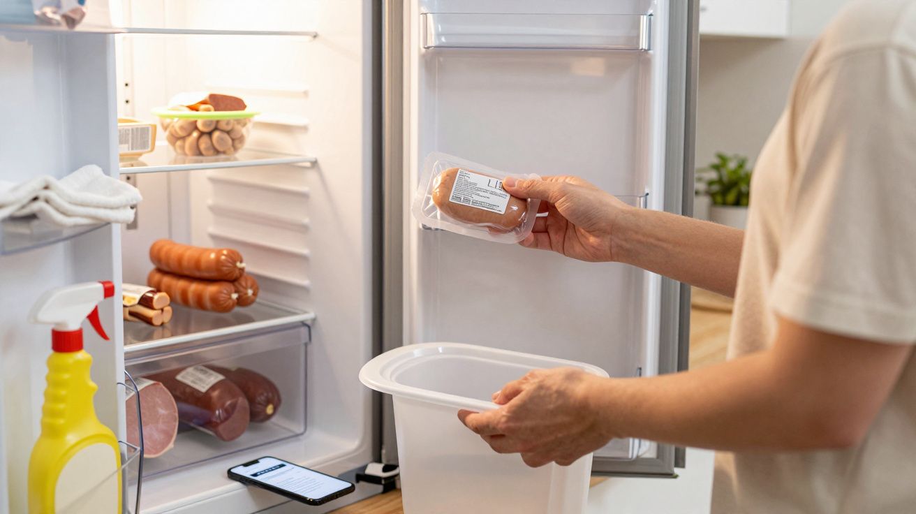 Person placing packaged meat into a plastic container in an open fridge with sausages and a phone inside.