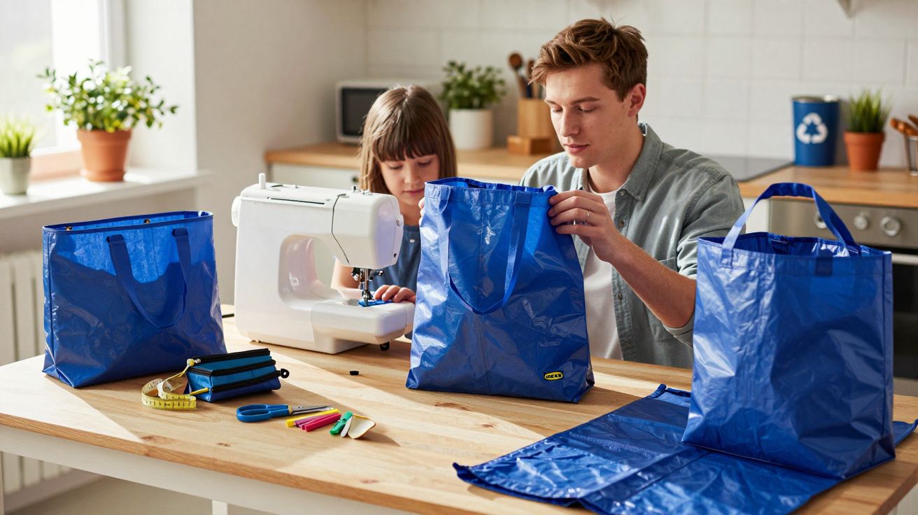 Man and child sewing blue reusable bags at a wooden kitchen table with sewing supplies and plants.