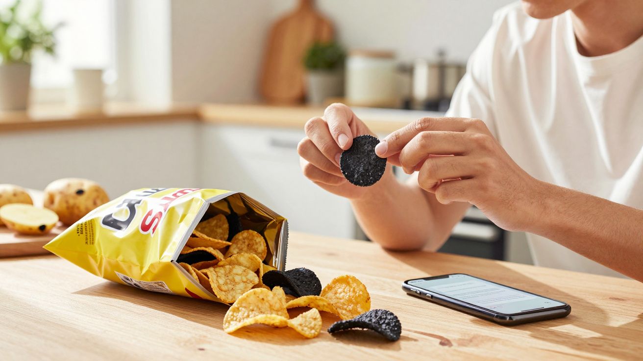 Person holding a black crispy chip with a packet of yellow Snacks and a smartphone on a wooden kitchen table.