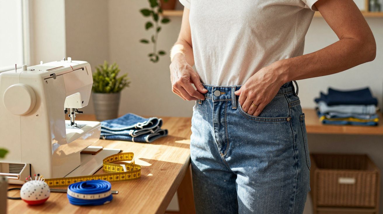 Person fitting a pair of jeans near a sewing machine and measuring tapes on a wooden table.