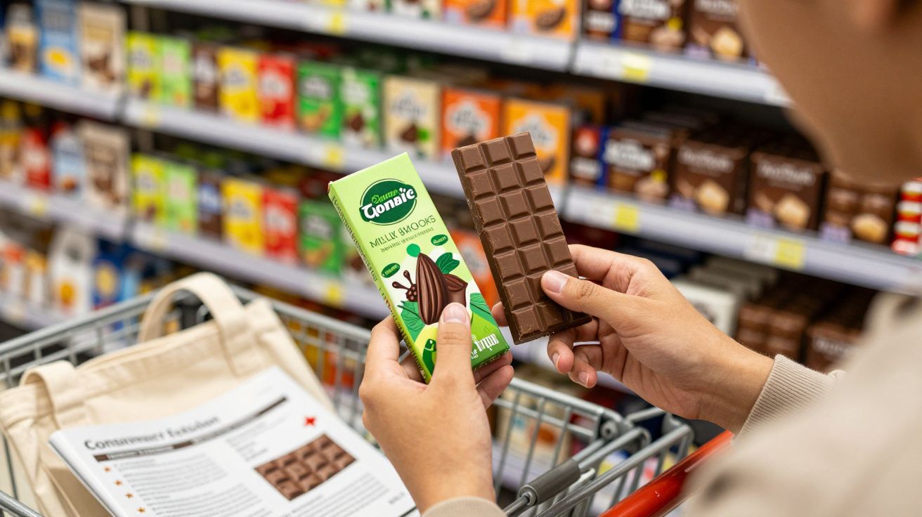 Person holding a chocolate bar and its green packaging in a supermarket aisle with a shopping cart nearby.