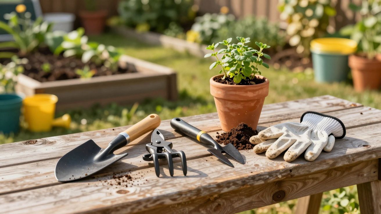 Garden tools including a trowel, cultivator, hand fork, a potted plant, and gardening gloves on a wooden bench outside.