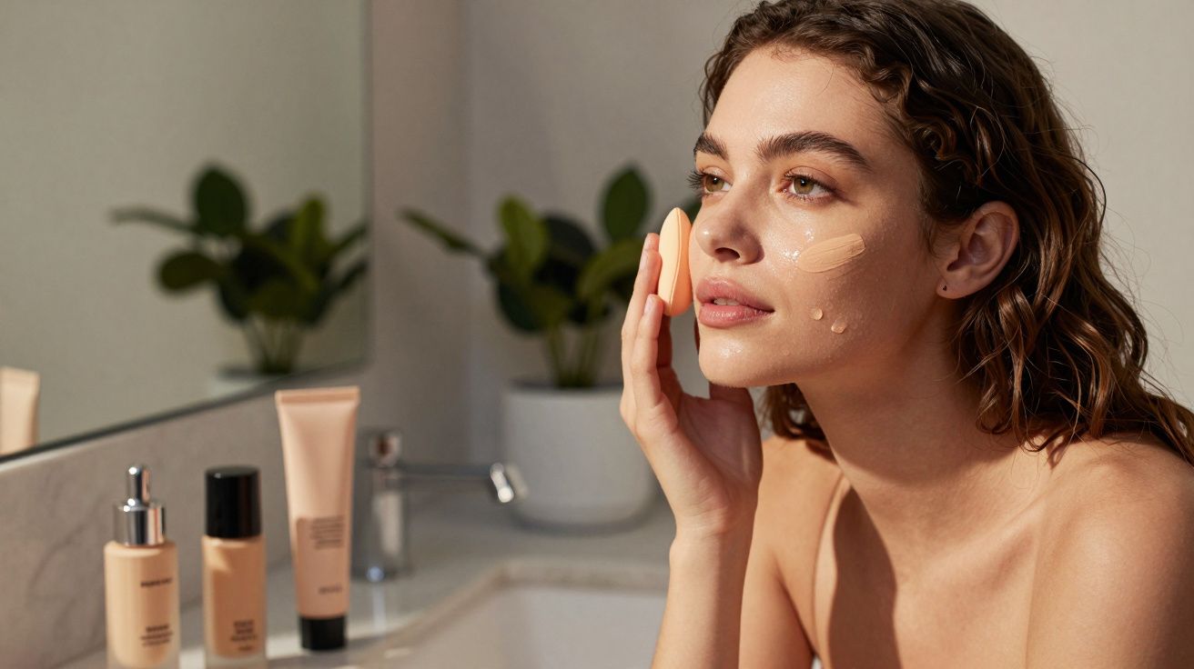 Woman applying foundation with a makeup sponge in a bathroom with skincare products on the counter and a plant reflected in t