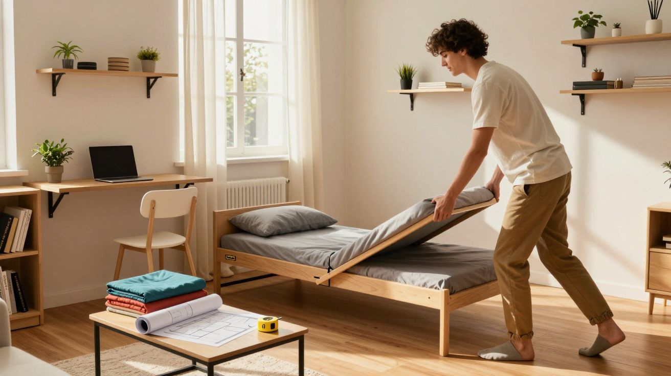 Young man lifting the mattress of a wooden bed in a bright, minimalistic bedroom with plants and a laptop on a desk.