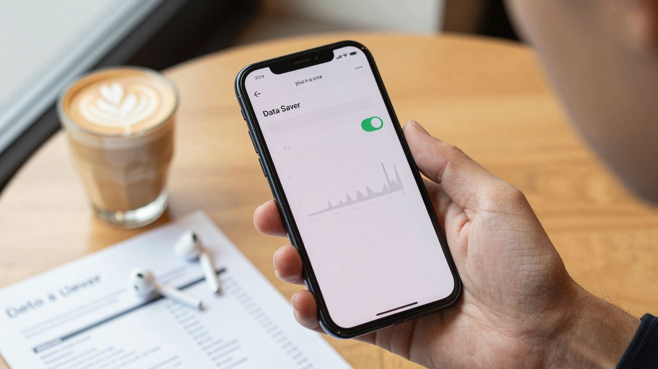 Person holding smartphone showing Data Saver mode enabled, with coffee and earphones on table.