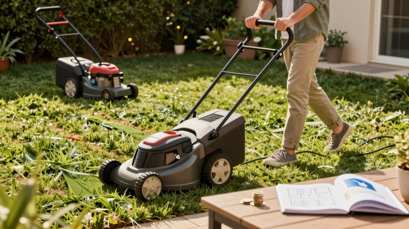 Person mowing an overgrown garden lawn with an electric lawnmower on a sunny day.