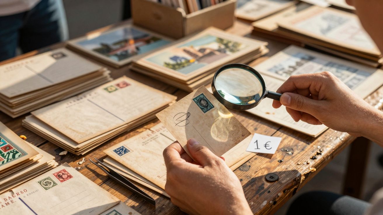 Hands holding a vintage postcard with a magnifying glass over it at a table full of old postcards and letters.