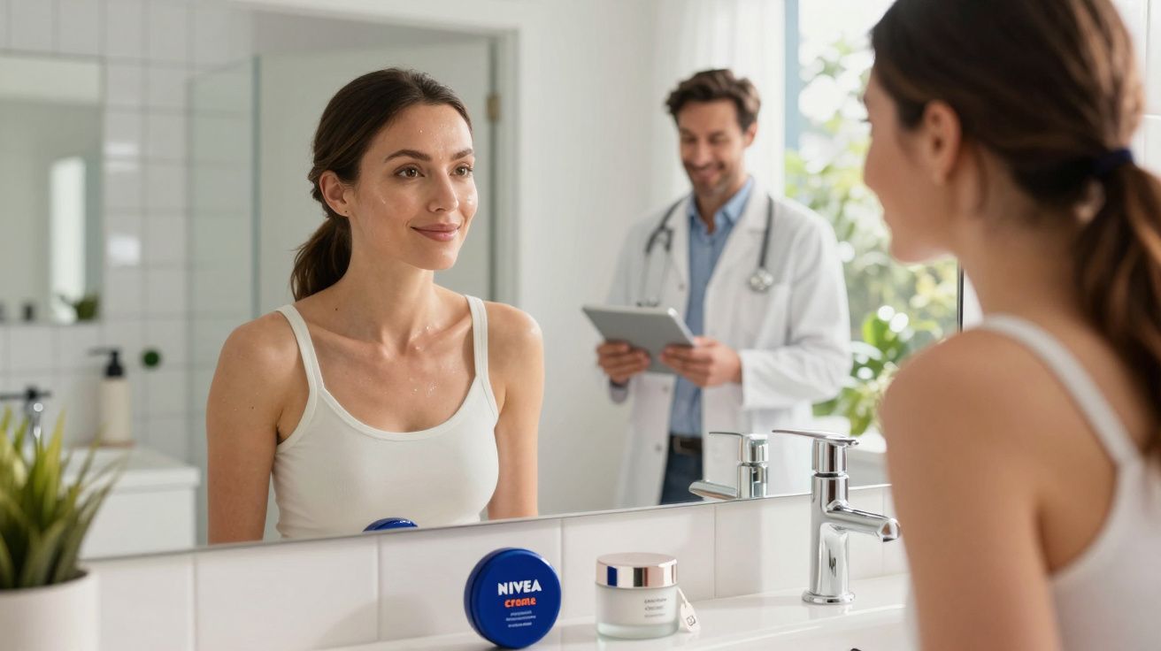 Woman in white vest looking into bathroom mirror with doctor holding tablet reflected behind her.