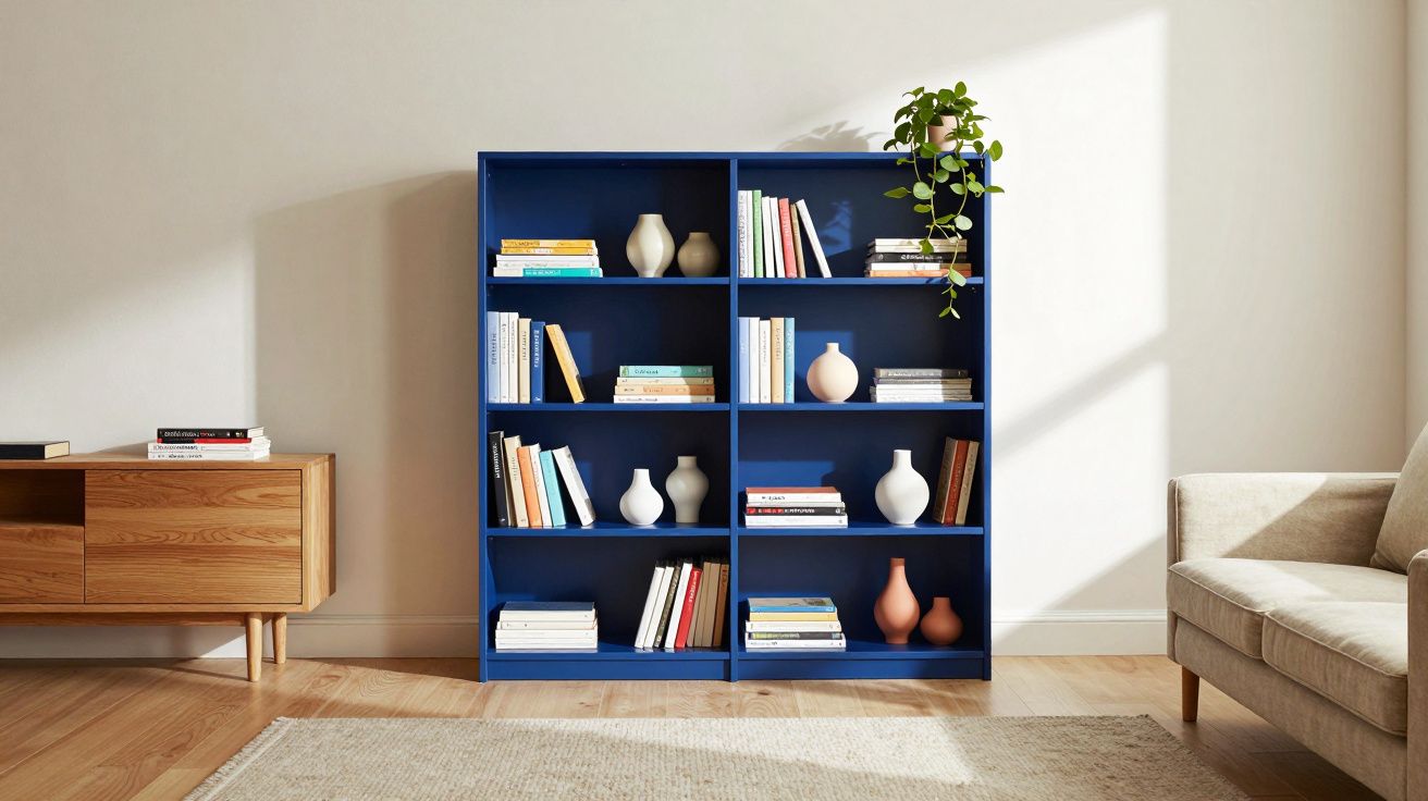 Blue bookshelf with books, decorative vases, and a hanging plant in a bright, minimalist living room.