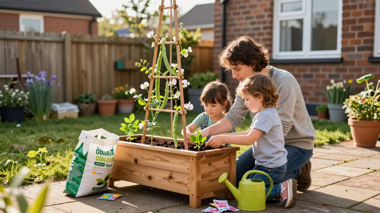 Adult and two children planting vegetables in a wooden garden planter on a sunny patio.