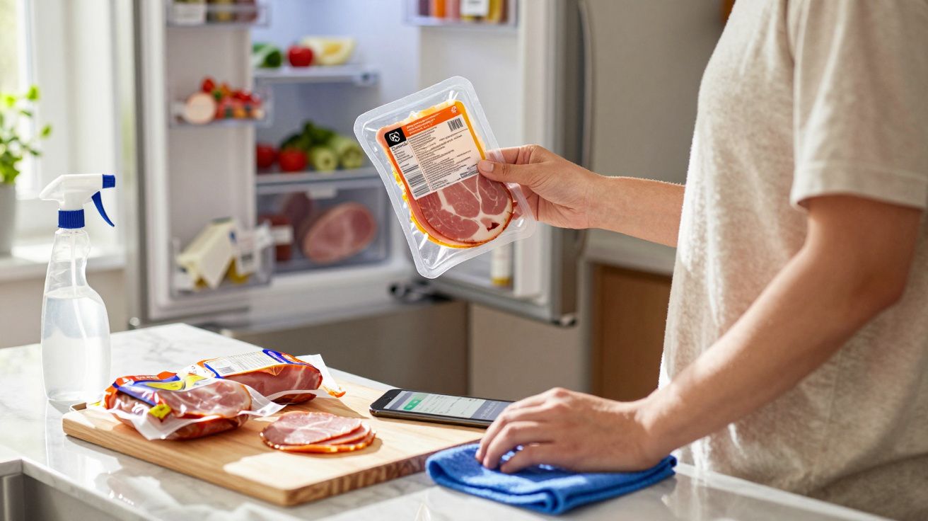 Person holding packaged sliced ham near cutting board with ham slices, smartphone, and spray bottle by open fridge.