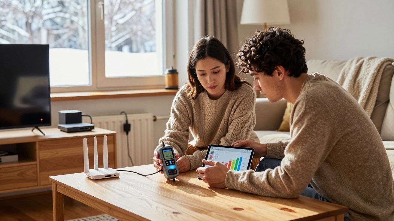 A man and woman analysing data on a tablet and handheld device at a wooden coffee table in a living room.