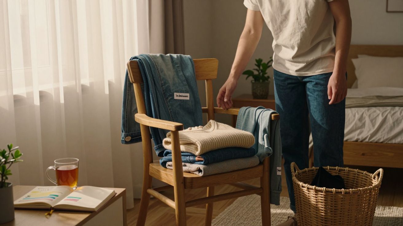 Person folding clothes in a softly lit bedroom with a wooden chair, wicker basket, and book on a table nearby.