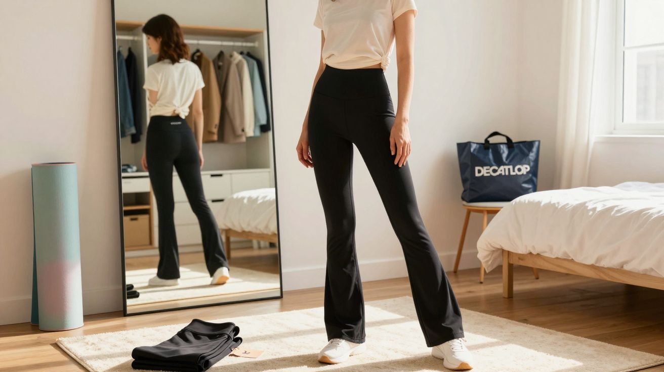 Woman wearing black yoga pants and a cream t-shirt standing in front of a mirror in a bright bedroom.