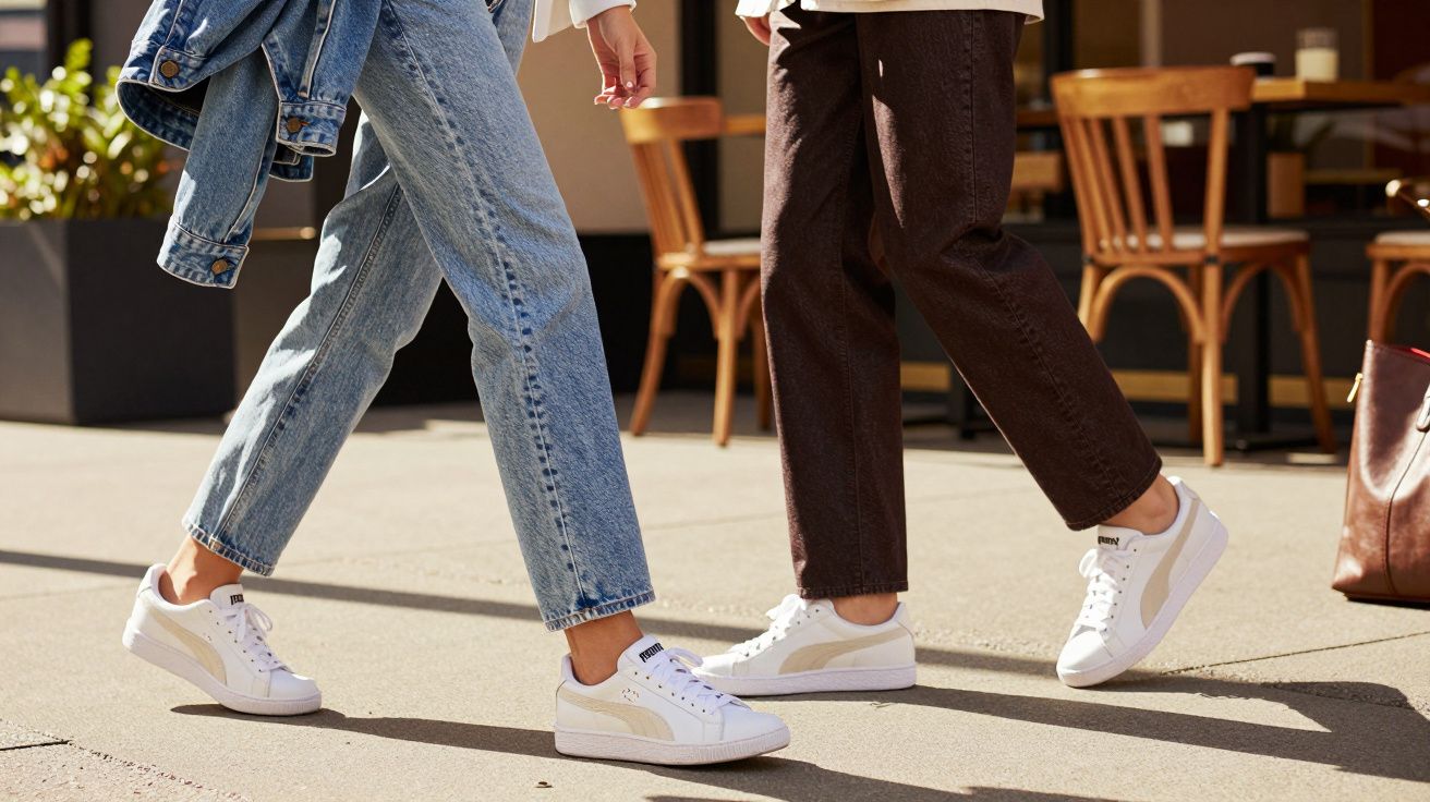 Two people wearing white Puma sneakers and casual trousers walking outdoors near wooden chairs.