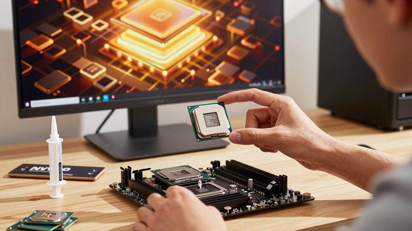 Person installing a central processing unit (CPU) onto a motherboard with a computer screen in the background.