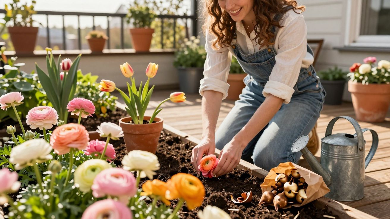 Smiling woman planting flowers in garden bed on sunlit patio with watering can and flower pots nearby.