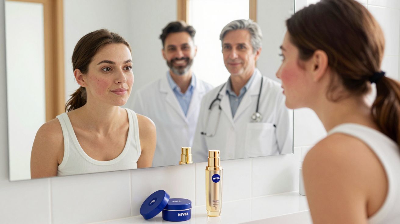 Woman looking in mirror with two doctors reflected behind her and Nivea skincare products on the counter.