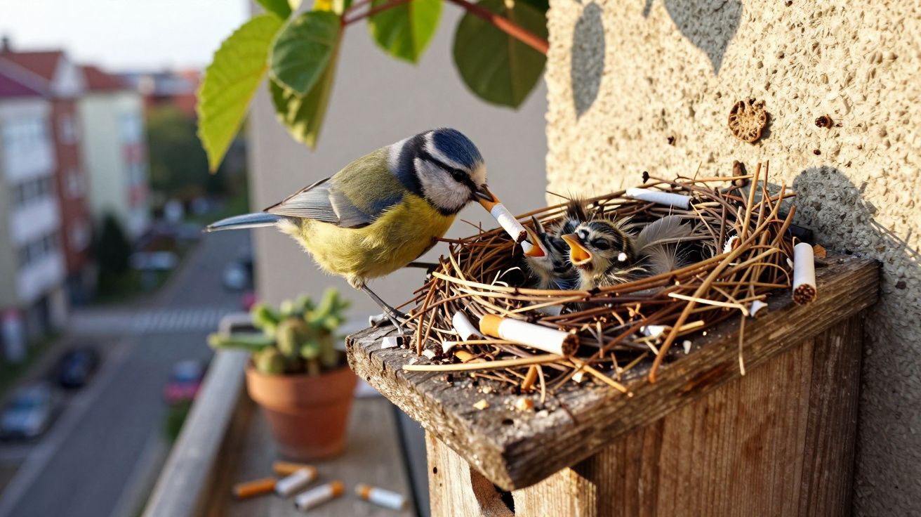 Blue tit bird feeding chicks with a cigarette in a nest on a wooden birdhouse on a balcony.
