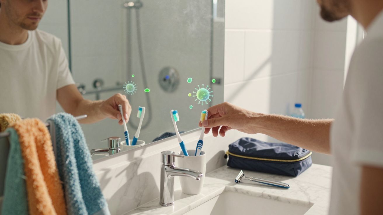 Man in bathroom reaching for toothbrush with digital virus icons floating near the mirror reflection.