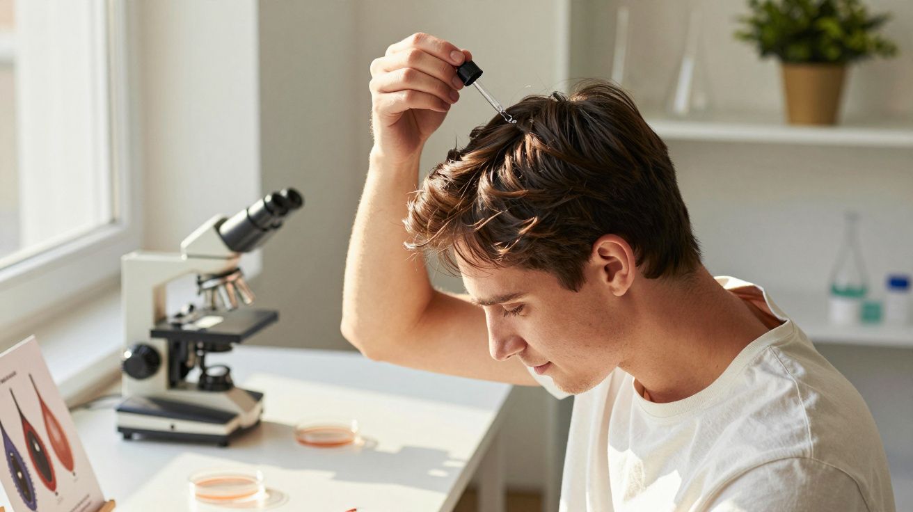 Young man applying liquid to scalp with dropper in a sunlit room with microscope and petri dishes.