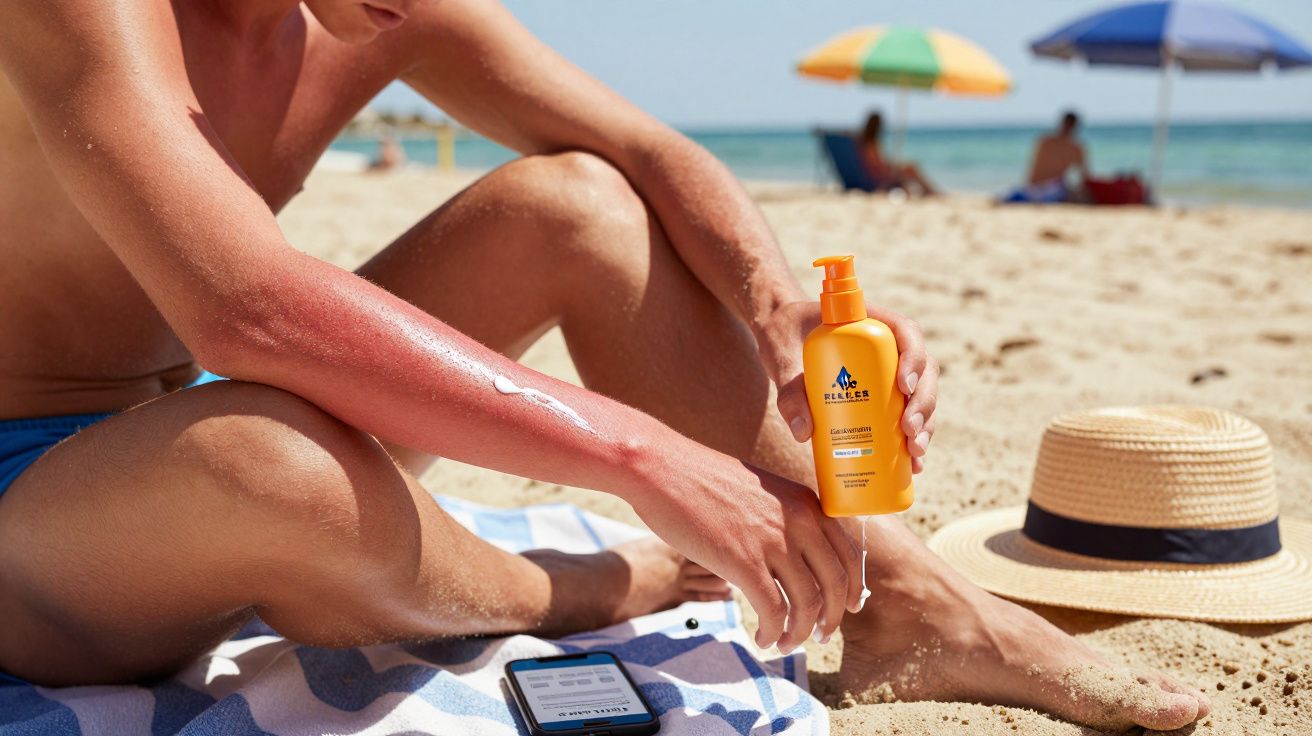 Man with sunburn on arm applying sunscreen on a sunny sandy beach with umbrellas and a hat nearby.