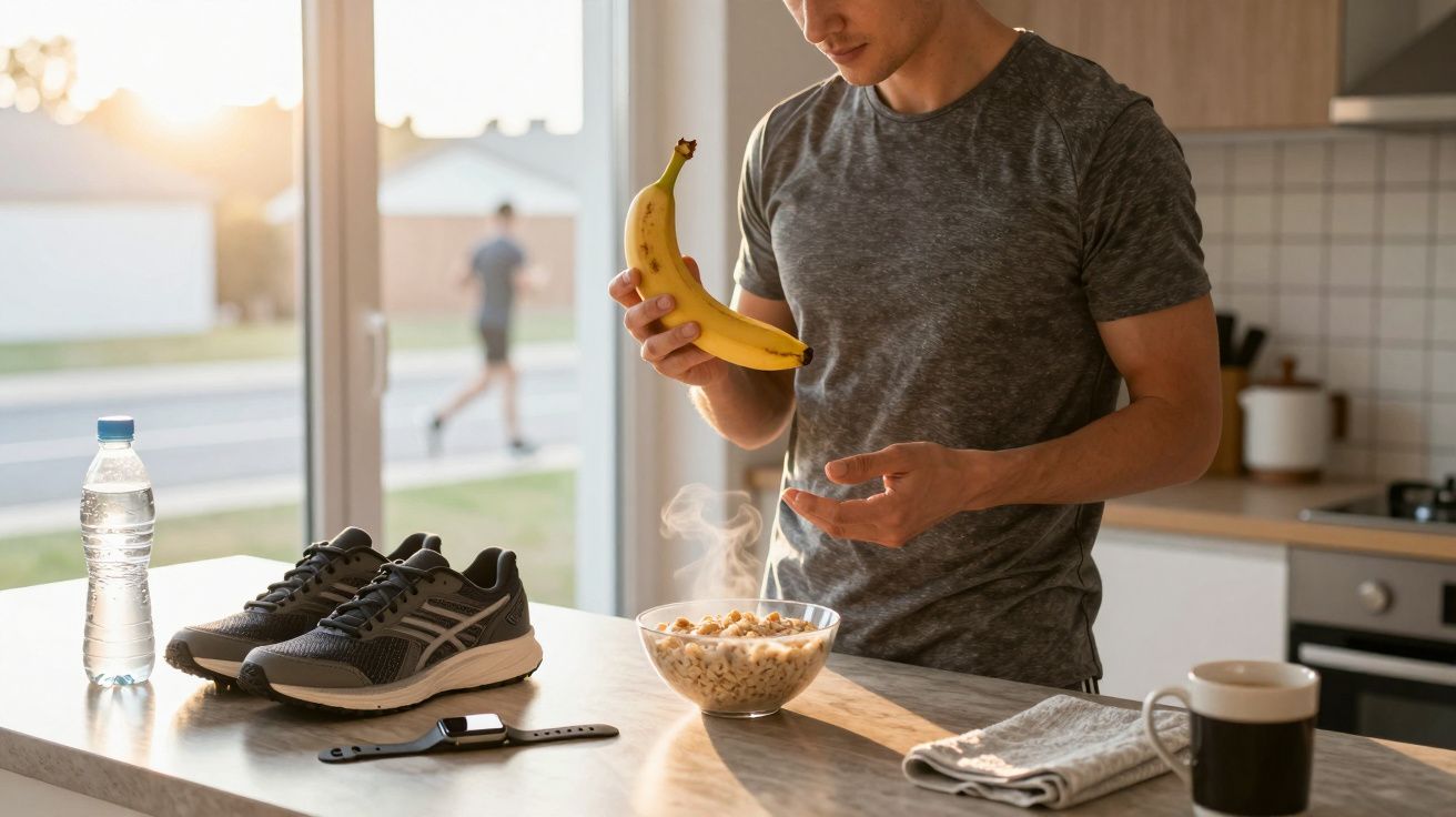 Man holding a banana standing by a kitchen counter with cereal, running shoes, water bottle, and smartwatch.